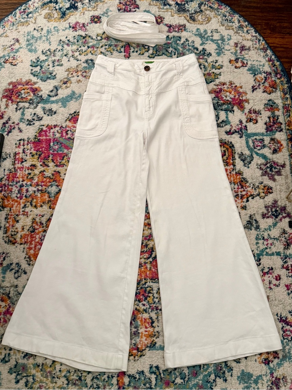 By Anthropologie White Linen Blend Wide Leg Cargo Pants.